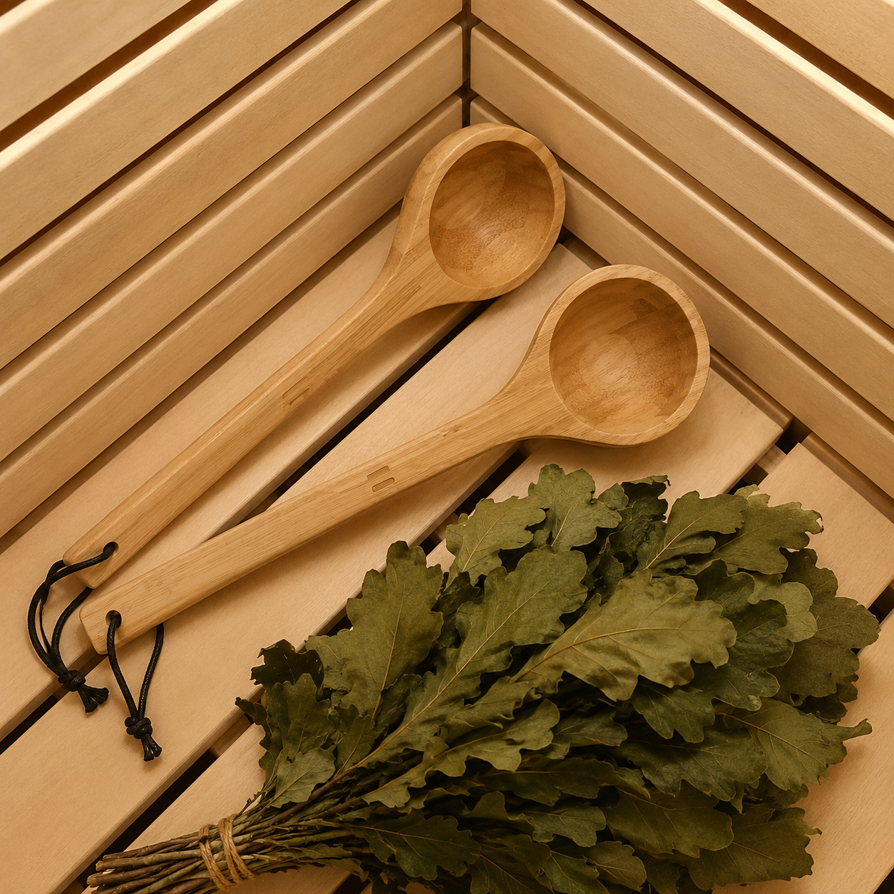 Twee houten saunalepels in warme sauna met sauna bladeren