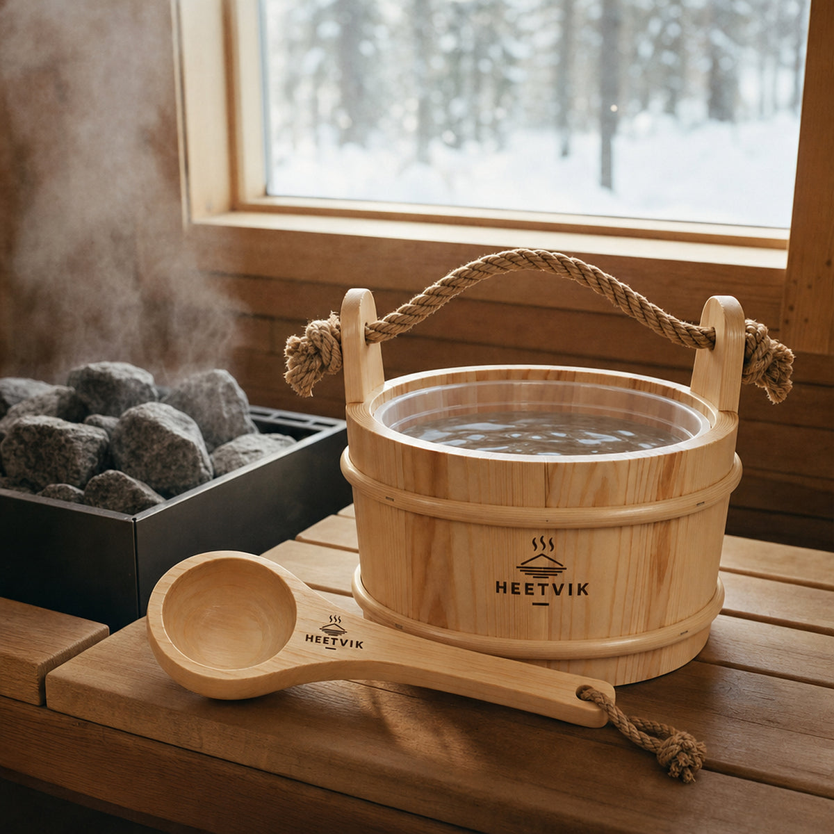 Sauna Emmer Hout 4 Liter met Lepel - Touwgreep