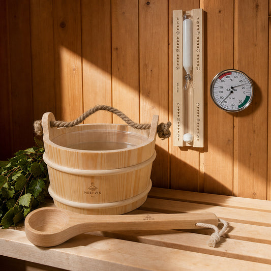 Sauna Emmer Set met Lepel, Zandloper & Thermometer
