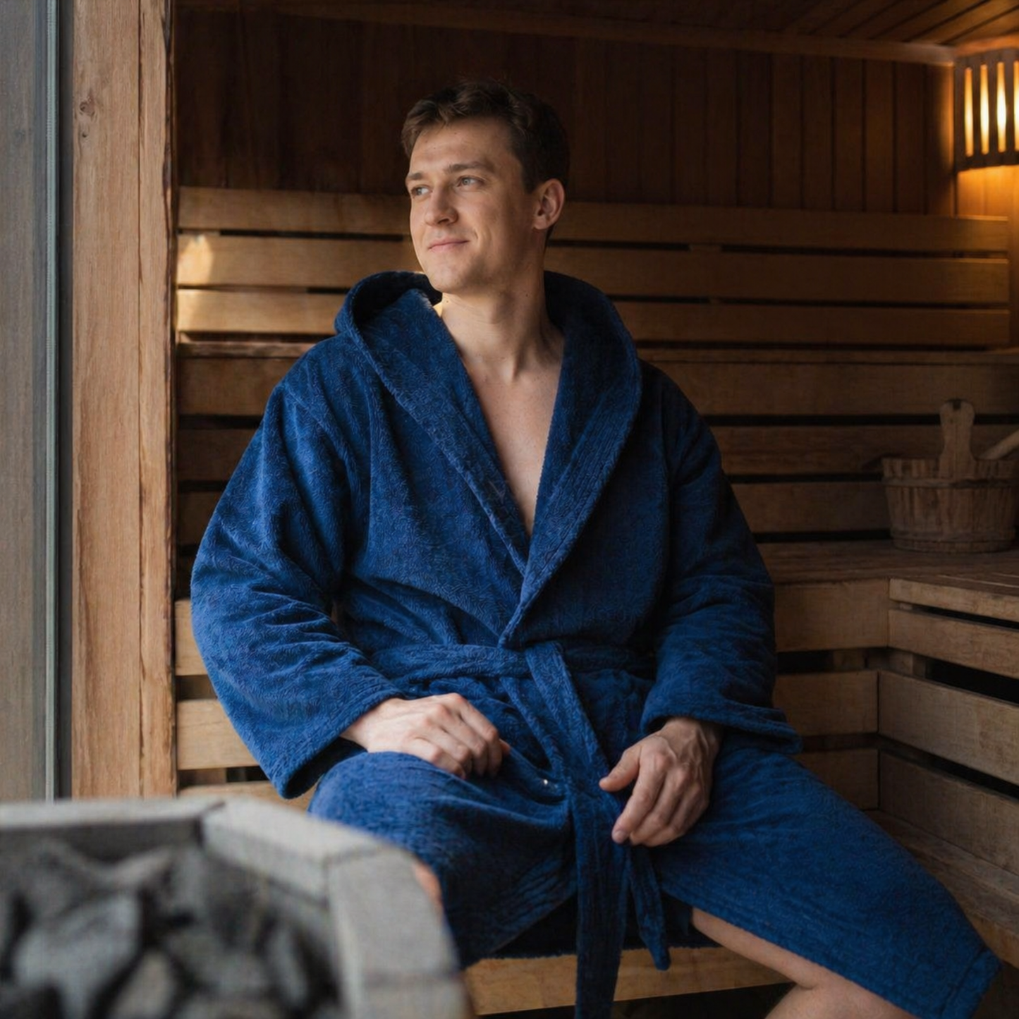 Sauna Badjas Heren met Capuchon - Marineblauw