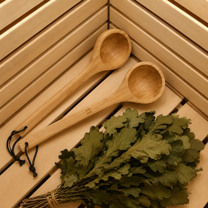 Twee houten saunalepels in warme sauna met sauna bladeren
