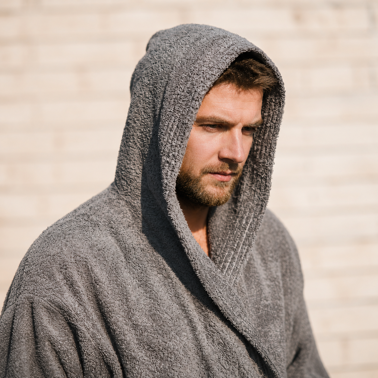 Portret van man met grijze badjas en capuchon in warm daglicht