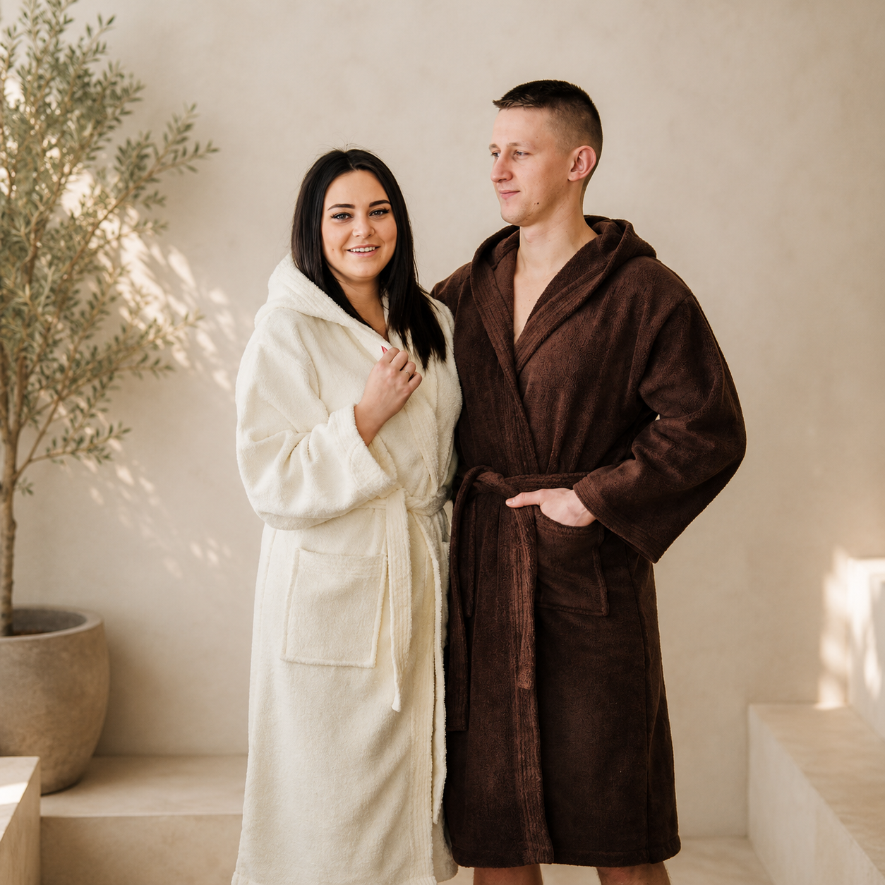 Dames en heren sauna badjassen in luxe wellness setting met zachte premium stof