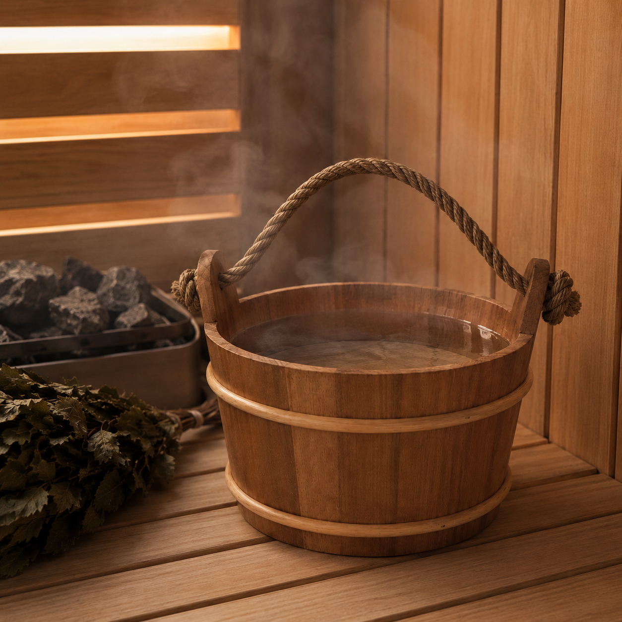 Houten sauna emmer met water in stomende sauna