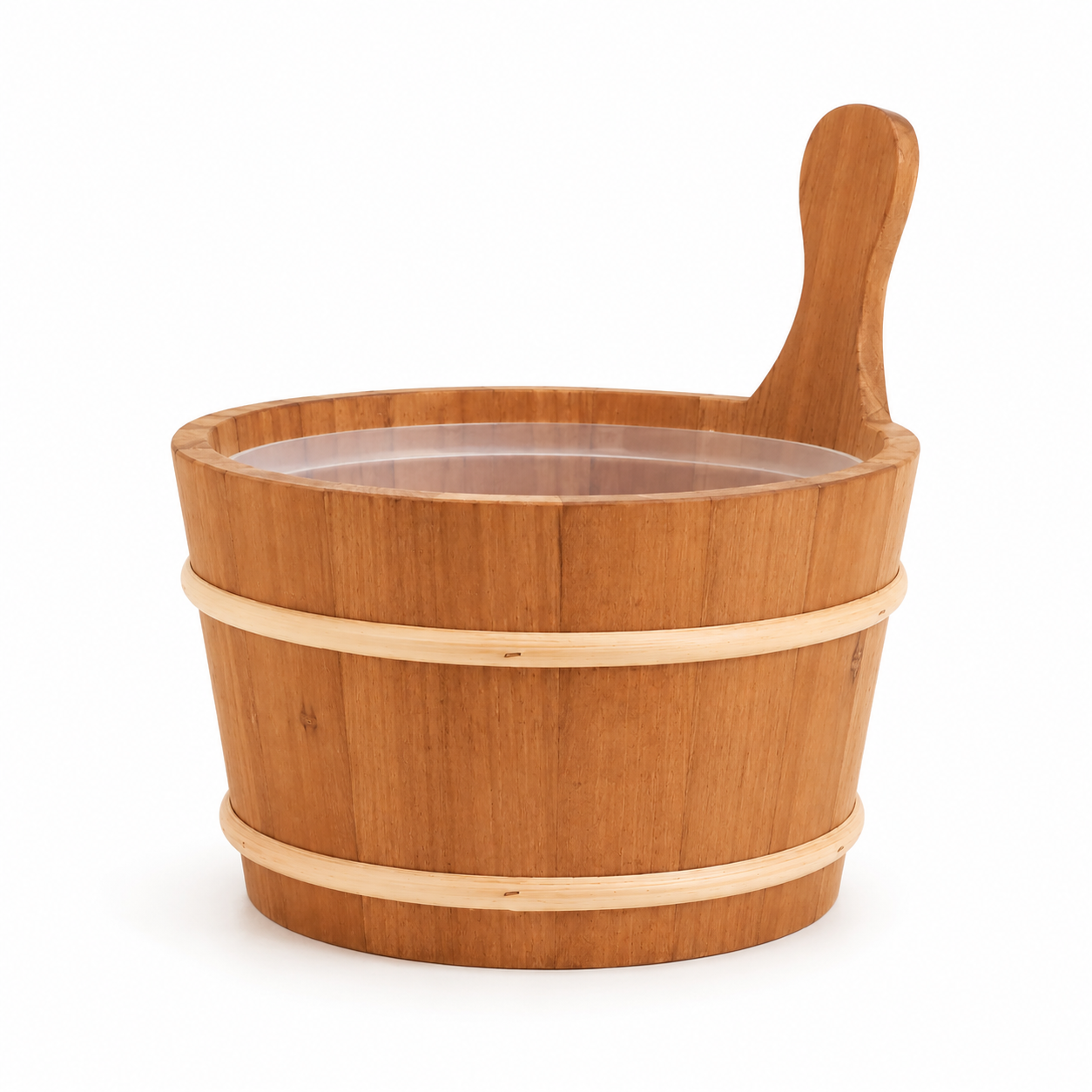 Houten sauna emmer van de zijkant gevuld met water