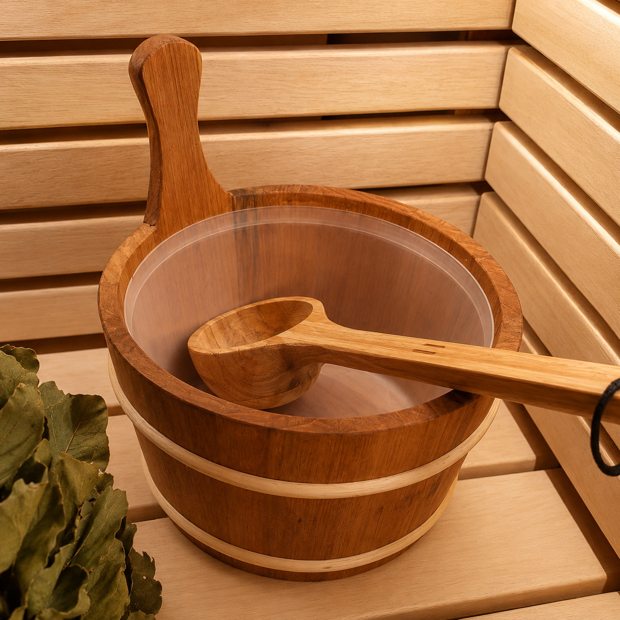 Bamboe saunalepel in houten sauna emmer met water
